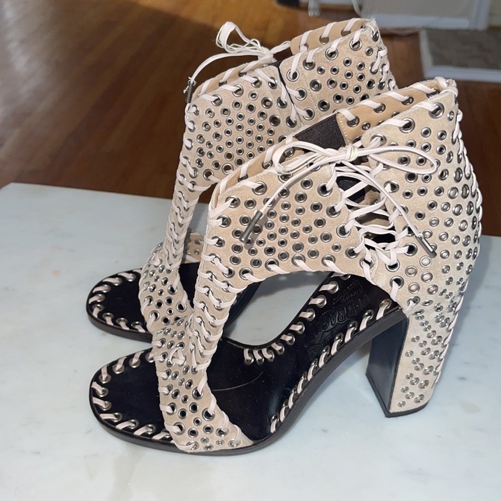 Ferragamo Tan Suede Lace Up Open Toed Booties